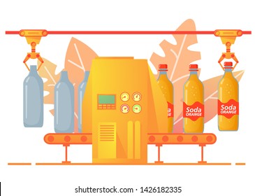 Packing conveyor belt soda .Sweet sparkling water.Beverage soft lemonade orange and lemon of glass bottles.Factory 
production carbonated drinks. Flat illustration vector.