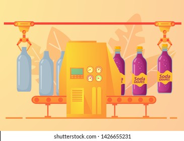Packing conveyor belt soda .Sweet sparkling water.Beverage soft grape lemonade of glass bottles.Factory 
production carbonated drinks. Flat illustration vector.