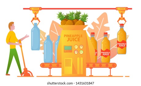Packing conveyor pineapple juice of glass bottles .Sweet sparkling water.Factory production carbonated drinks.Flat illustration vector.Food machine.Man cartoon character factory worker.