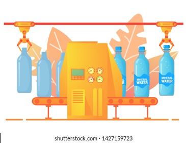 Packing conveyor soda .Sweet sparkling water.Beverage mineral water of glass bottles.Factory 
production carbonated drinks. Flat illustration vector.
