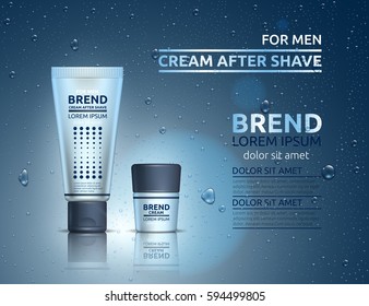 Packing of cosmetic after shave cream with a logo on a blue background. Water drop. Vector illustration.