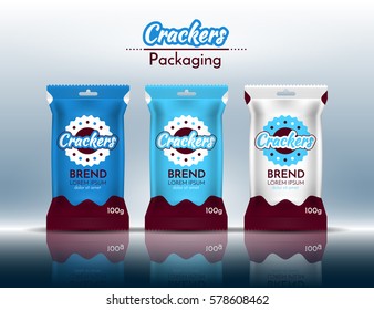 Packing for crackers, chips. Design and logo is blue. Vector illustration