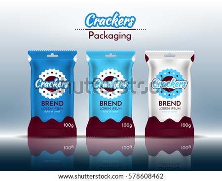 Packing for crackers, chips. Design and logo is blue. Vector illustration