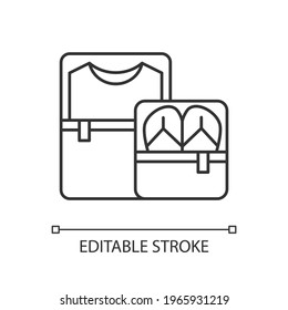 Packing cubes linear icon. Containers with zippers. Pack clothes in luggage. Roadtrip gear. Thin line customizable illustration. Contour symbol. Vector isolated outline drawing. Editable stroke