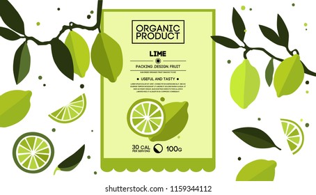 Packing design of lime. Vector illustration lime banners. Design for juice, tea, ice cream, lemonade, jam, natural cosmetics, pastries filled with limes, dessert menu, health care products. 