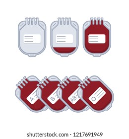 Packing donated blood. Set of vector color illustrations: empty, almost empty, full package with blood, the composition of the four packages of groups A, B, AB, O