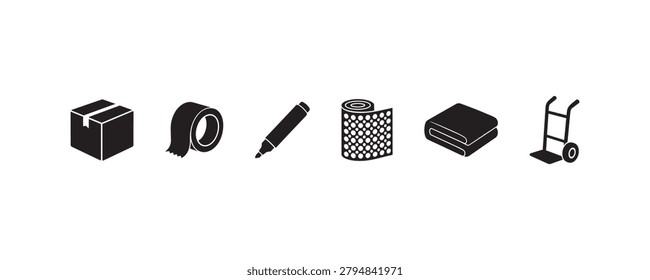 Packing essentials: box, tape, marker, bubble wrap, blanket, hand truck icons.