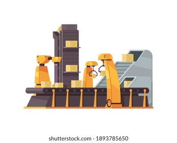 Packing factory machine with boxes on conveyor belt flat vector illustration