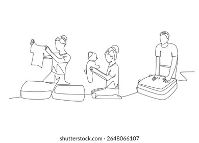 Packing for family travel concept one-line drawing