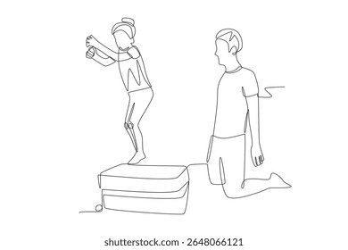 Packing for family travel concept one-line drawing