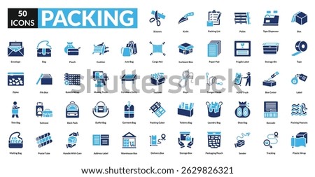 Packing fill icon collection set. includes box, tape, label, bag, suitcase, bubble wrap, carton, wrap, delivery, seal, package, parcel, luggage, crate, storage