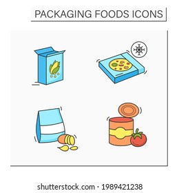 Packing foods color icons set. Breakfast cereals, frozen pizza, potatoes chips, tomato soup. Protection, tampering resistance from bacteria. Meal concept. Isolated vector illustrations