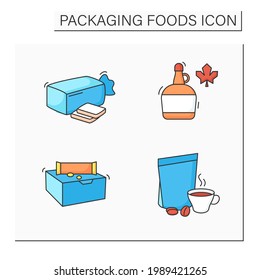 Packing foods color icons set. Sandwich bread, coffee, maple syrup, snack bars. Protection, tampering resistance from bacteria. Meal concept. Isolated vector illustrations