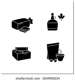 Packing foods glyph icons set. Beer, cow milk, popcorn, peanut butter jar. Protection, tampering resistance from bacteria. Meal concept.Filled flat signs. Isolated silhouette vector illustrations