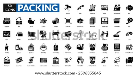 Packing glyph icon collection set. includes box, tape, label, bag, suitcase, bubble wrap, carton, wrap, delivery, seal, package, parcel, luggage, crate, storage