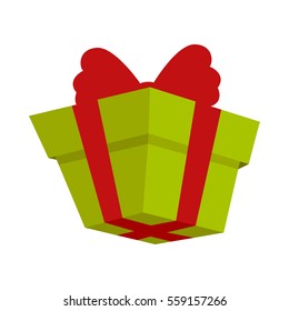 Packing green present icon with red bow in flat style. Box log of delivery company proposing package service, transportation of parcels, deliver gift containers, receiving packs, logistic send vector