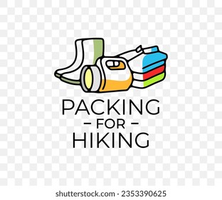Packing for hiking, shoes, clothes and flashlight, colored graphic design. Travel, trekking, camping, journey, adventure, nature and sport, vector design and illustration