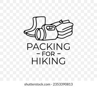 Embalaje para excursionismo, zapatos, ropa y linterna, diseño gráfico lineal. Viajes, trekking, camping, viaje, aventura, naturaleza y deporte, diseño vectorial e ilustración