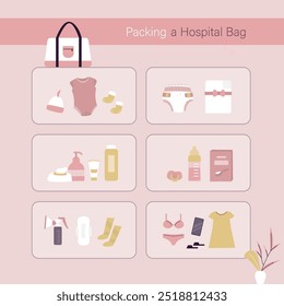 Packing a hospital bag. Things for unborn child in bag going to maternity hospital before giving birth. Set of different things and clothes. Girl getting ready for motherhood. Checklist. flat vector