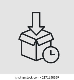 Packing icon. Opened box with down vertical arrow and time indicator for e-commerce and global distribution. Vector illustration