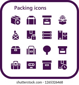  packing icon set. 16 filled packing icons. Simple modern icons about  - Package, Gym bag, Box, Boxes, Sport bag, Tape