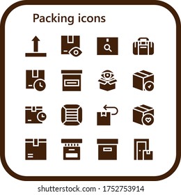 Packsymbol-Set. 16 gefüllte Packungssymbole. Einschließlich Side Up, Package, Sportbeutel, Box, Box-Symbole