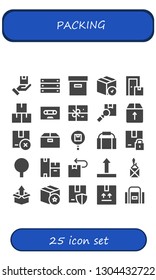 packing icon set. 25 filled packing icons.  Simple modern icons about  - Package, Box, Tape, Gym bag, Boxes, Side up, Sport bag