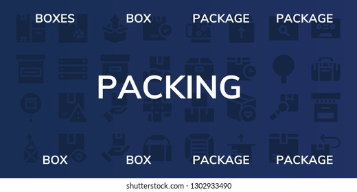  packing icon set. 32 filled packing icons. on blue background style Simple modern icons about  - Boxes, Box, Package, Gym bag, Dark beer, Tape, Sport bag