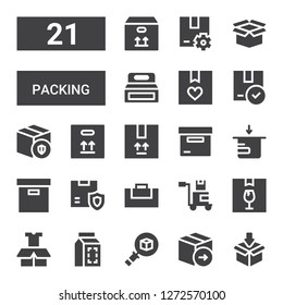 packing icon set. Collection of 21 filled packing icons included Packing, Package, Gym bag, Box