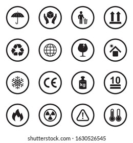 Packing Icons. Black Flat Design In Circle. Vector Illustration.