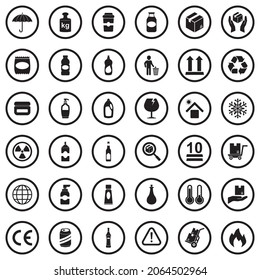 Packing Icons. Black Flat Design In Circle. Vector Illustration.