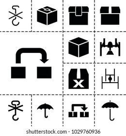 Packing icons. set of 13 editable filled packing icons such as box, question box, keep dry cargo, no cargo warning