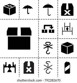 Packing icons. set of 13 editable filled packing icons such as box, question box, keep dry cargo, no cargo warning, object move