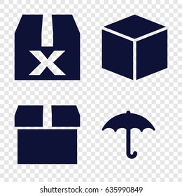 Packing icons set. set of 4 packing filled icons such as keep dry cargo, question box