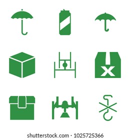 Packing icons. set of 9 editable filled packing icons such as box, question box, keep dry cargo, beer can