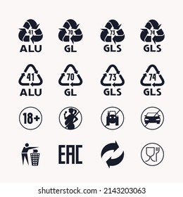 Packing icons set. Design of information and prohibition package signs for alcohol label. Vector illustration. Black print on white background