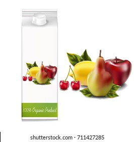 Packing of juice on a white background, fruit, lime, apple, cherry