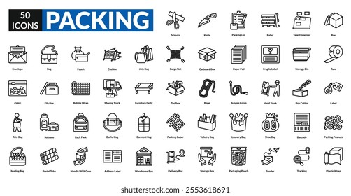 Packing line icon collection set. includes box, tape, label, bag, suitcase, bubble wrap, carton, wrap, delivery, seal, package, parcel, luggage, crate, storage