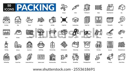 Packing line icon collection set. includes box, tape, label, bag, suitcase, bubble wrap, carton, wrap, delivery, seal, package, parcel, luggage, crate, storage