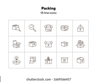 Juego de iconos de línea de embalaje. Concepto de entrega y embalaje.La ilustración de vector se puede utilizar para temas como oficina de correos, mensajería, logística
