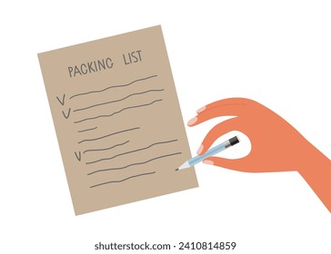 Packing List. Human hand with pencil writes list. List of things to travel. Preparing for vacation, journey or trip. Colored flat Vector illustration isolated on white background