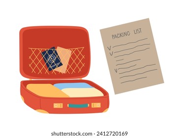 Packing List and open suitcase with folded things. List of things to travel. Open baggage with travel clothes. Preparing for vacation, journey or trip. Colored flat Vector illustration isolated