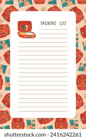 Packing List with open suitcase on travel background. Separate striped page for writing. List of things to travel. Preparing for vacation, journey or trip. Colored flat Vector illustration isolated