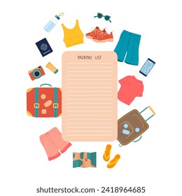 Packing List template and clothes around. Lined page for writing list. Packing List and suitcase with clothing. Going to trip. Suitcase for travel, voyage, vacation. Flat vector illustration. 