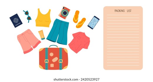 Packing List template. Suitcase and lots of clothes. Packing List and suitcase with Women's clothing. Suitcase Packing. Going to trip. Suitcase for travel, voyage, vacation. Flat vector illustration