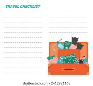 Packing list or travel planner. Preparing for a vacation, trip or trip. Suitcase, passport bag, fins, wallet with money, things necessary for travel. Vector background.