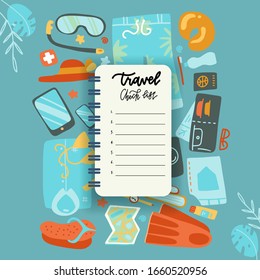 Packing list, travel planning concept. Preparing for vacation, travel, journey, trip. Noteboot sheet with Baggage, air tickets, passport, wallet, camera, palm leaves.Top view Vector flat illustration.