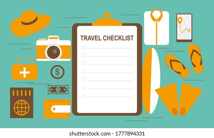 Lista de embalaje, logotipo de planificación de viajes. Preparación de vacaciones, viajes, viaje, viaje, logotipo de viaje