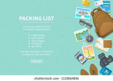 Packing list, travel planning. Preparing for vacation, travel, journey, trip. Baggage, air tickets, passport, wallet, guidebook, camera, compass, headphones, shoes. Place for text. Top view Vector