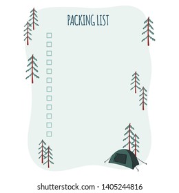 Packing list for trip or travel planner. Mountains and forest vacation. Hand drawn illustration. Stock vector